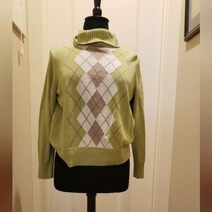 Vintage Retro Liz & Co Womans Olive Green Argyle Pattern Sweater